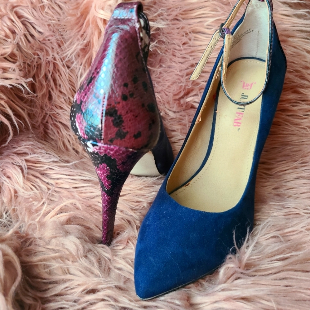 Blue Suede Purple Snake Skin Heels with Ankle Strap